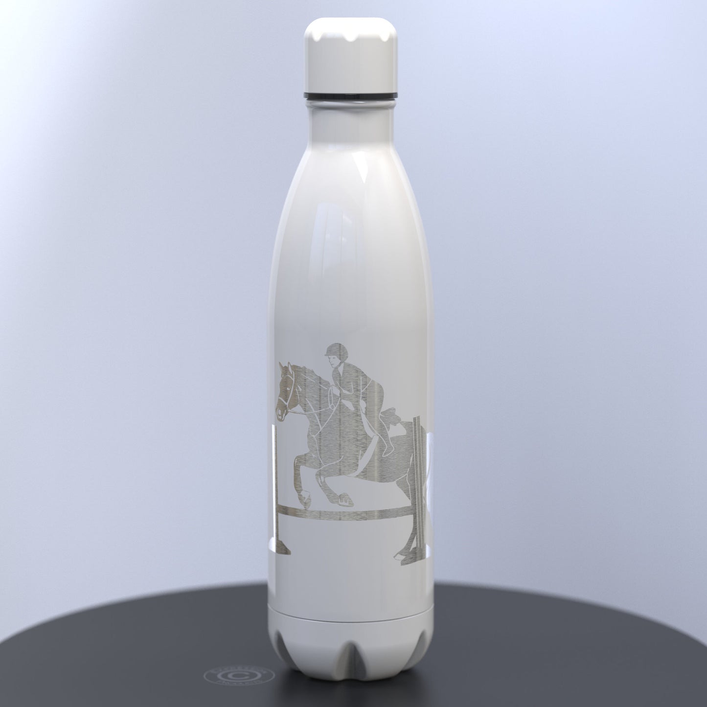 Gloss White Thermal Water Bottle Engraved With A Horse and Rider Jumping a Hurdle