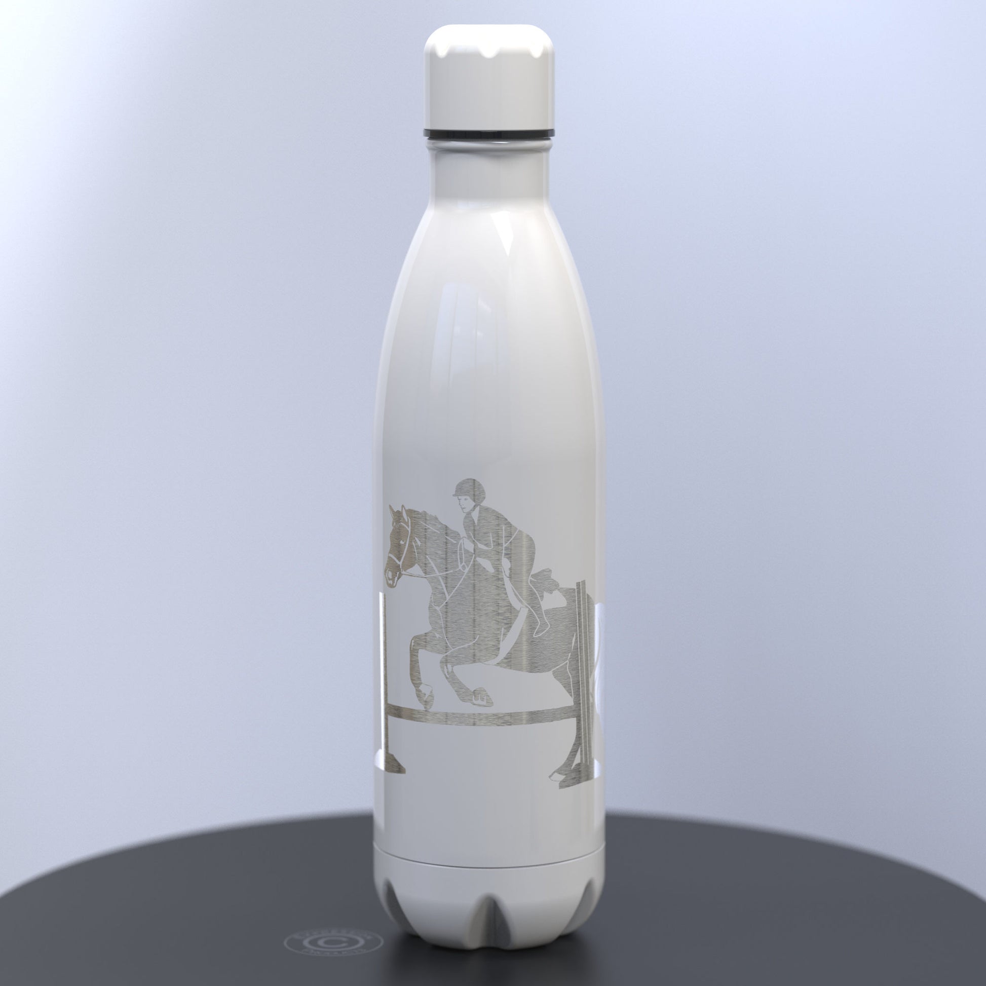 Gloss White Thermal Water Bottle Engraved With A Horse and Rider Jumping a Hurdle