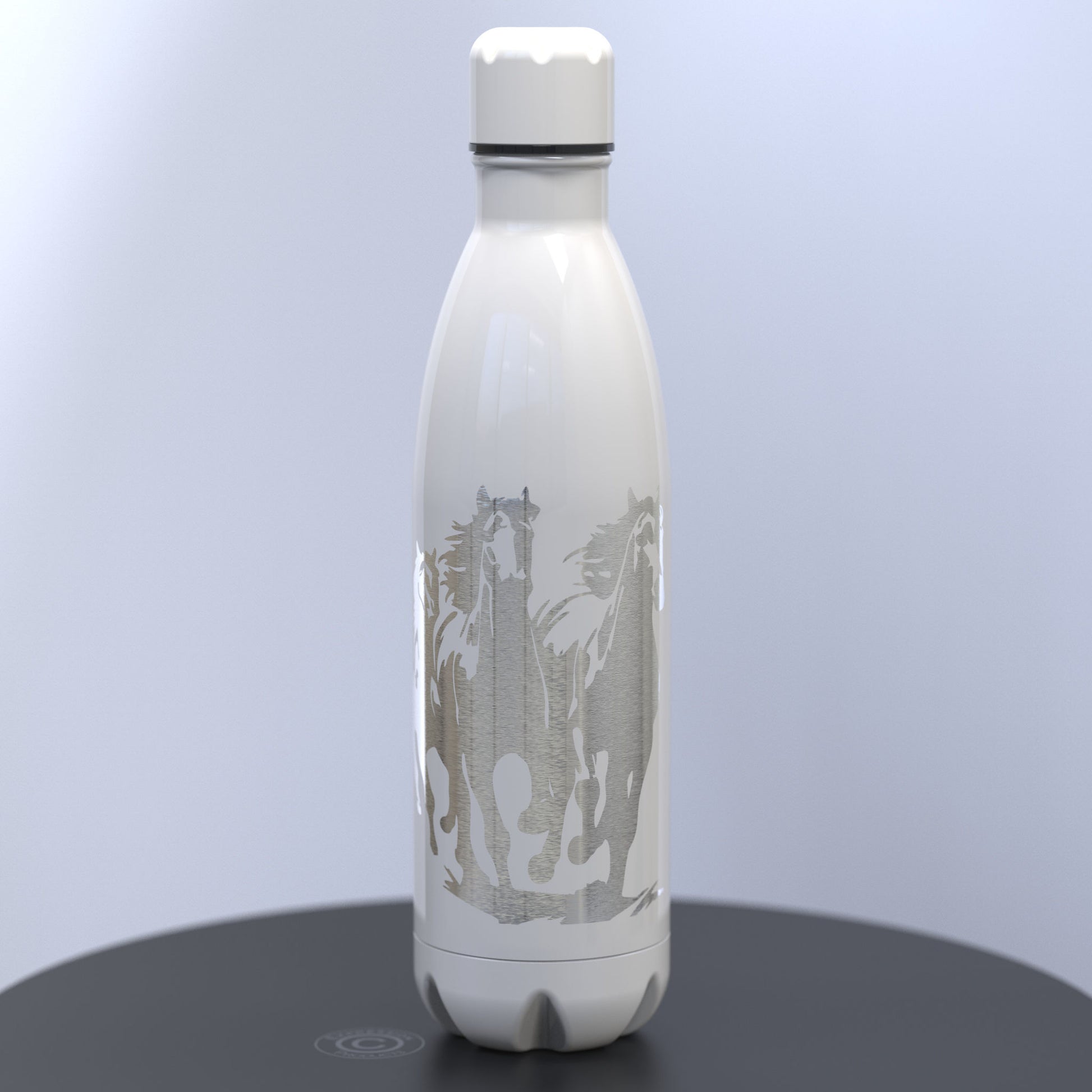 Gloss White Thermal Bottle Engraved With a Three Running Wild Horses
