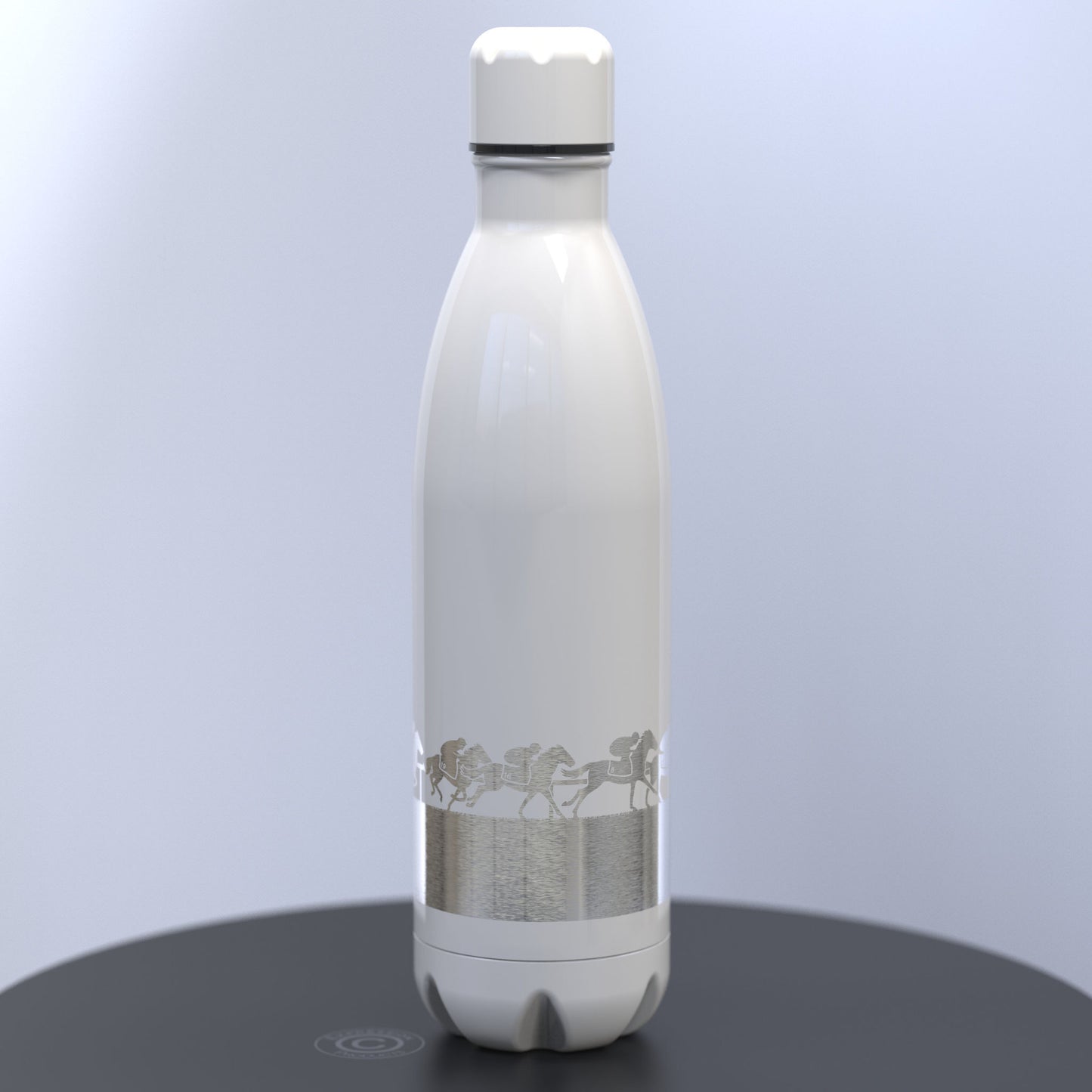 Gloss White Thermal Water Bottle Engraved With Horses and Riders Racing Around A Track