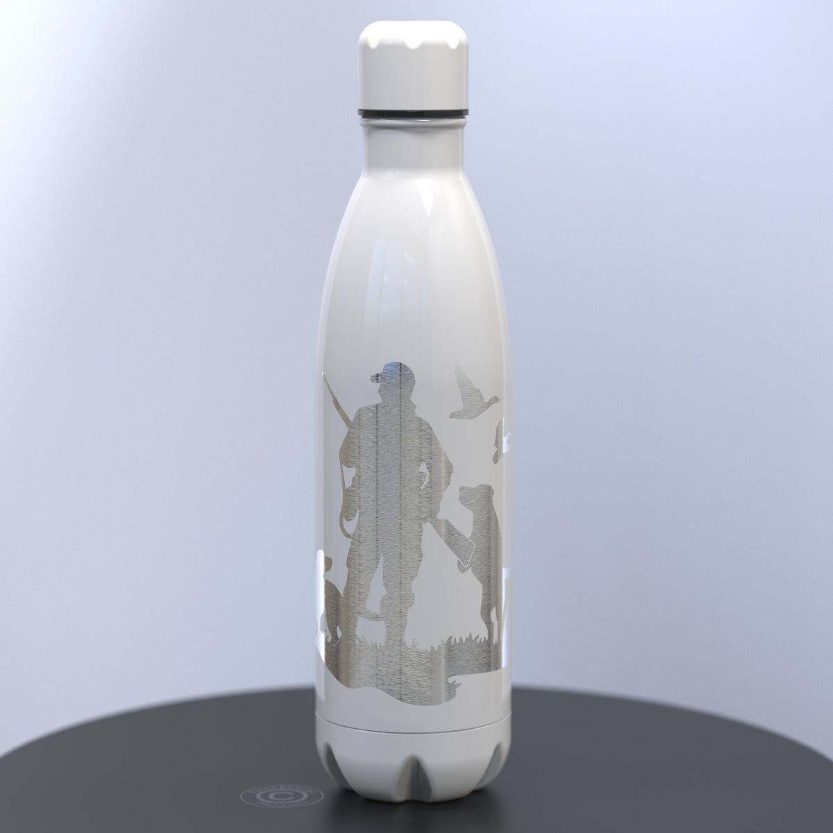 A white insulated water bottle with a silver etched silhouette of a hunter, ducks and dogs