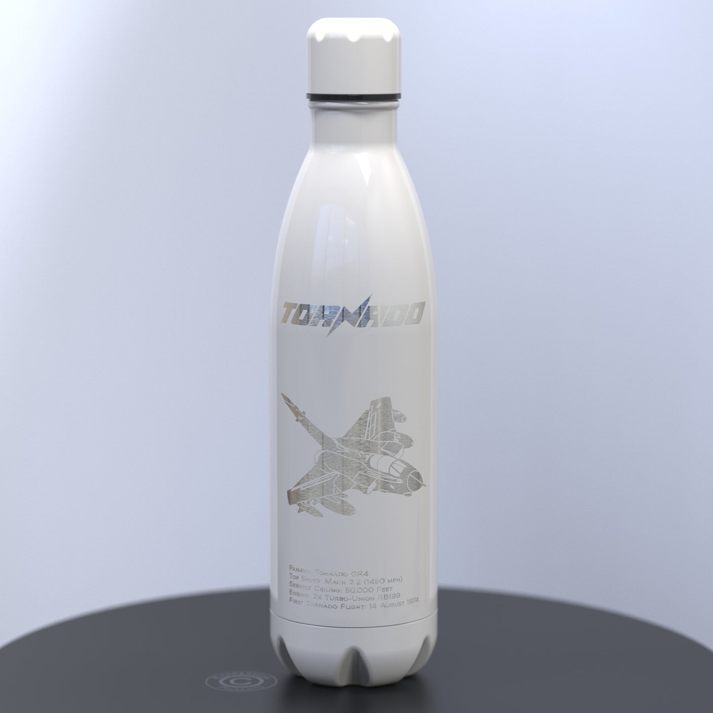 Gloss White Thermal Bottle Engraved With the Tornado, Engraved Underneath With Details About The Tornado