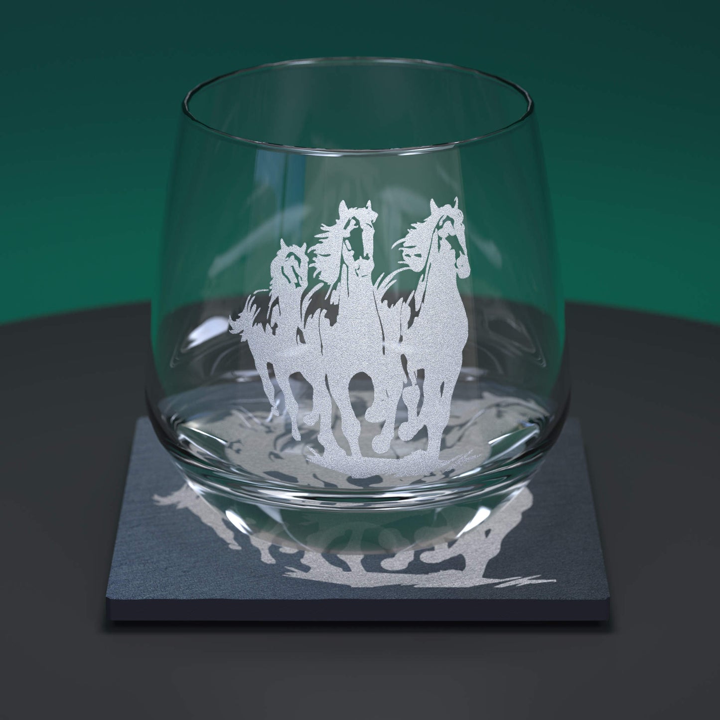 Glass whiskey tumbler set including glass and slate coaster with engraved wild horse design