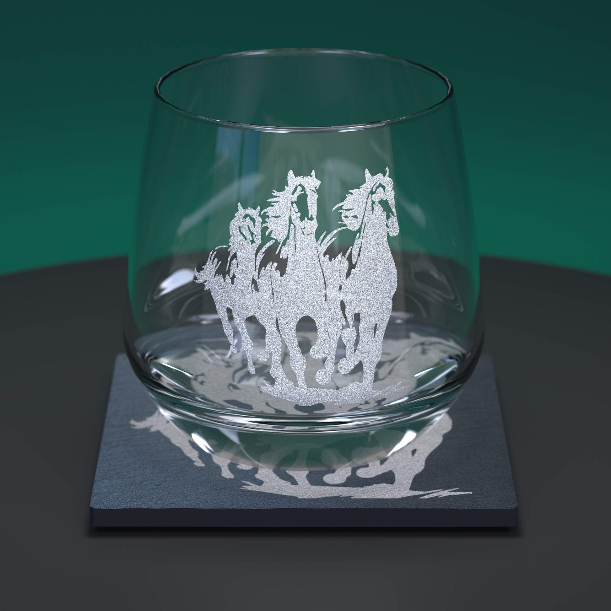 Glass whiskey tumbler set including glass and slate coaster with engraved wild horse design
