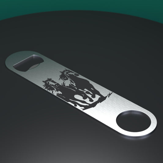 Stainless steel bottle opener engraved wild horse design