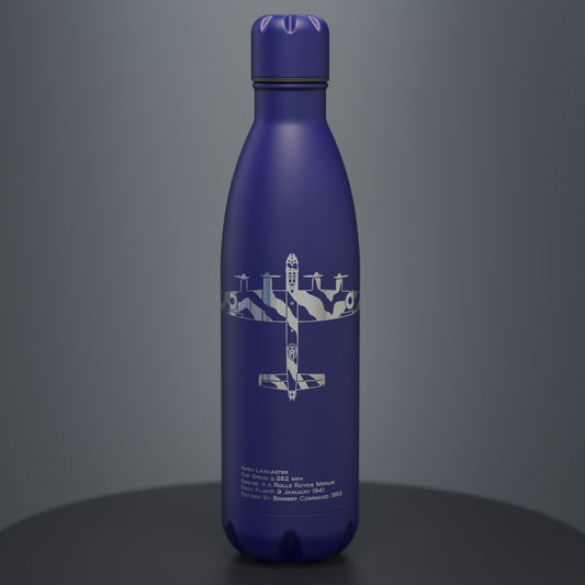 blue stainless steel insulated drinks bottle engraved with the iconic lancaster bomber