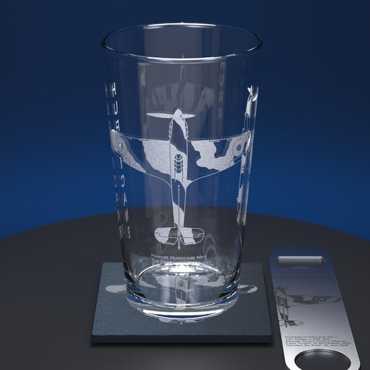 Pint glass set comprising of glass, slate coaster and stainless steel bottle opener engraved with WW2 hurricane aircraft and facts