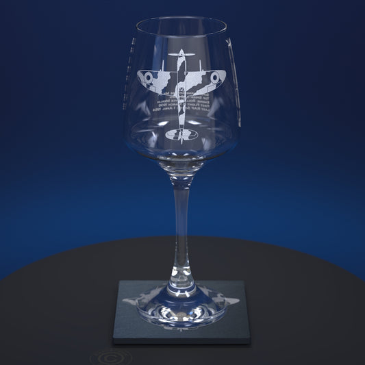 400ml wine glass engraved with a supermarine spitfire with a matching slate coaster on a dark grey and dark blue background
