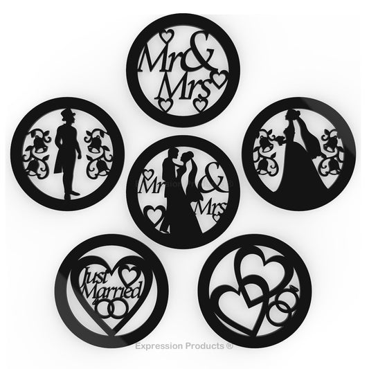 6 - Wedding Drink Coasters - Black or White Acrylic Wedding Table Decorations - Expression Products Ltd