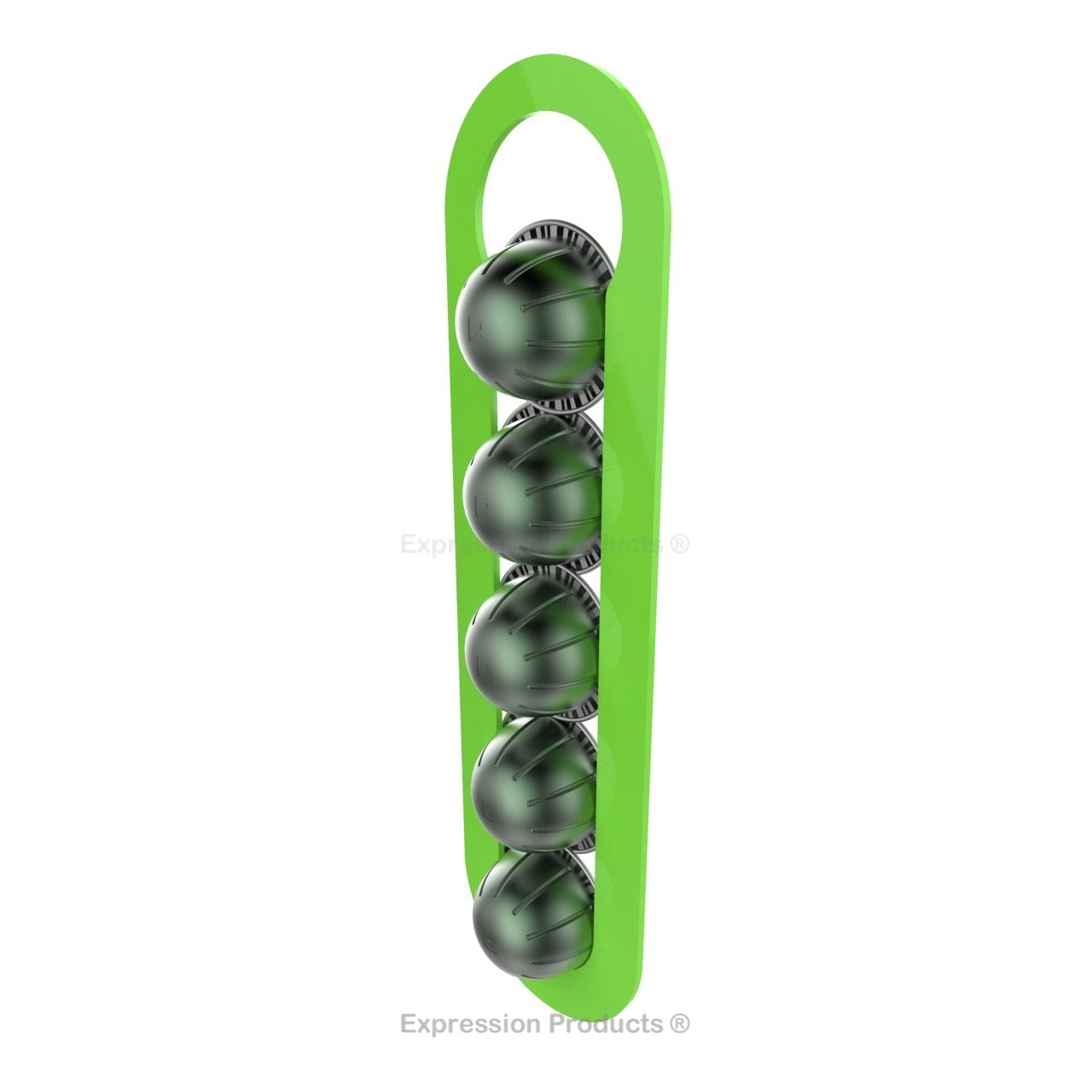 Magnetic Nespresso Vertuo capsule holder shown in lime holding 5 pods