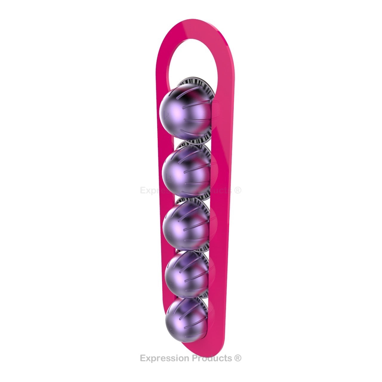Magnetic Nespresso Vertuo capsule holder shown in pink holding 5 pods