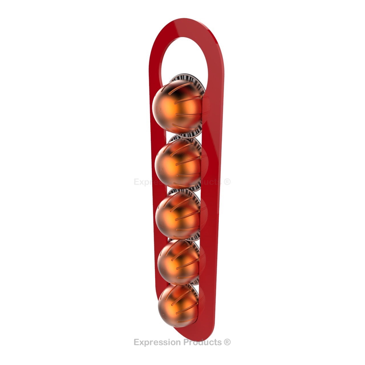 Magnetic Nespresso Vertuo capsule holder shown in red holding 5 pods