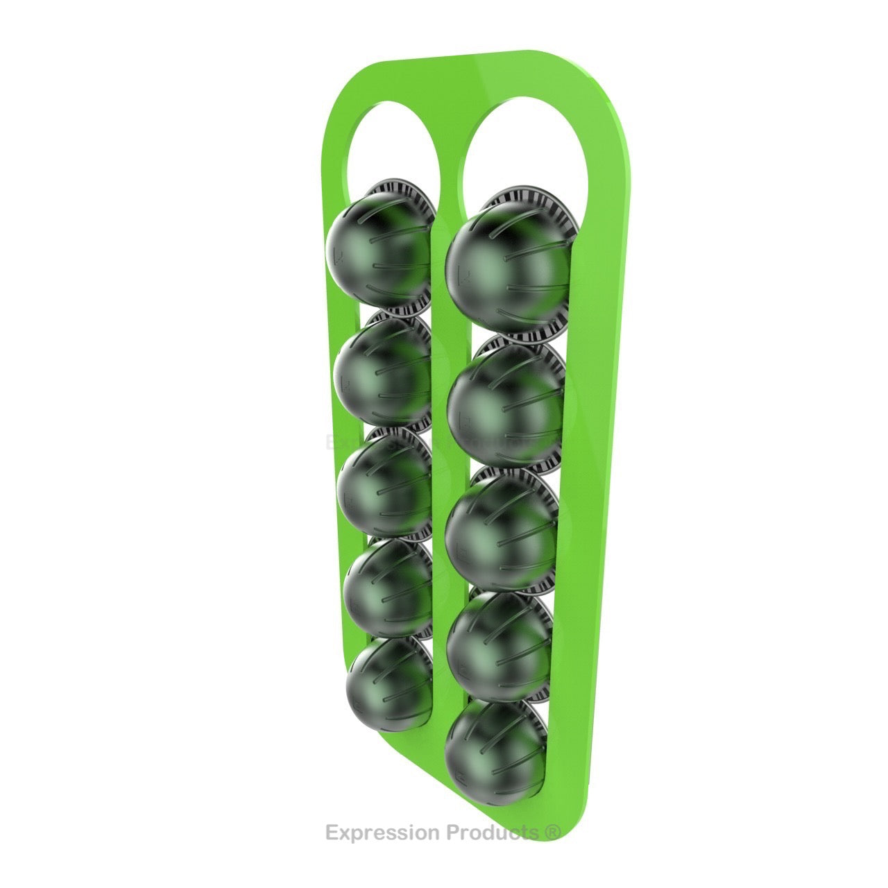 Magnetic Nespresso Vertuo capsule holder shown in lime holding 10 pods