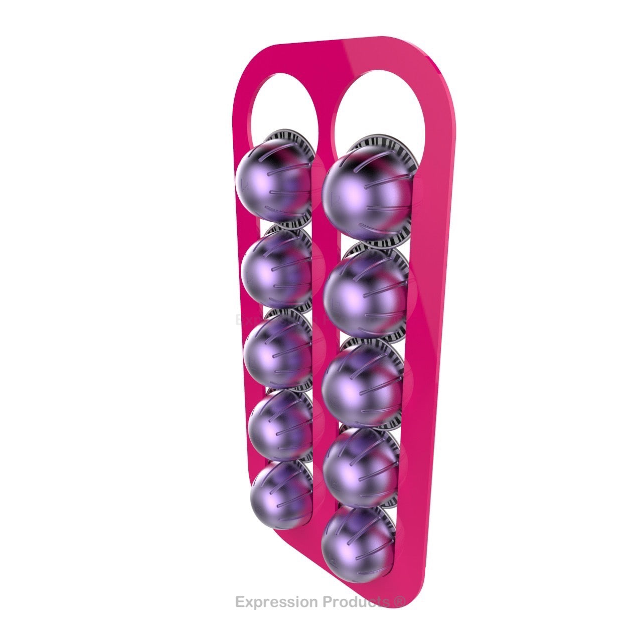 Magnetic Nespresso Vertuo capsule holder shown in pink holding 10 pods