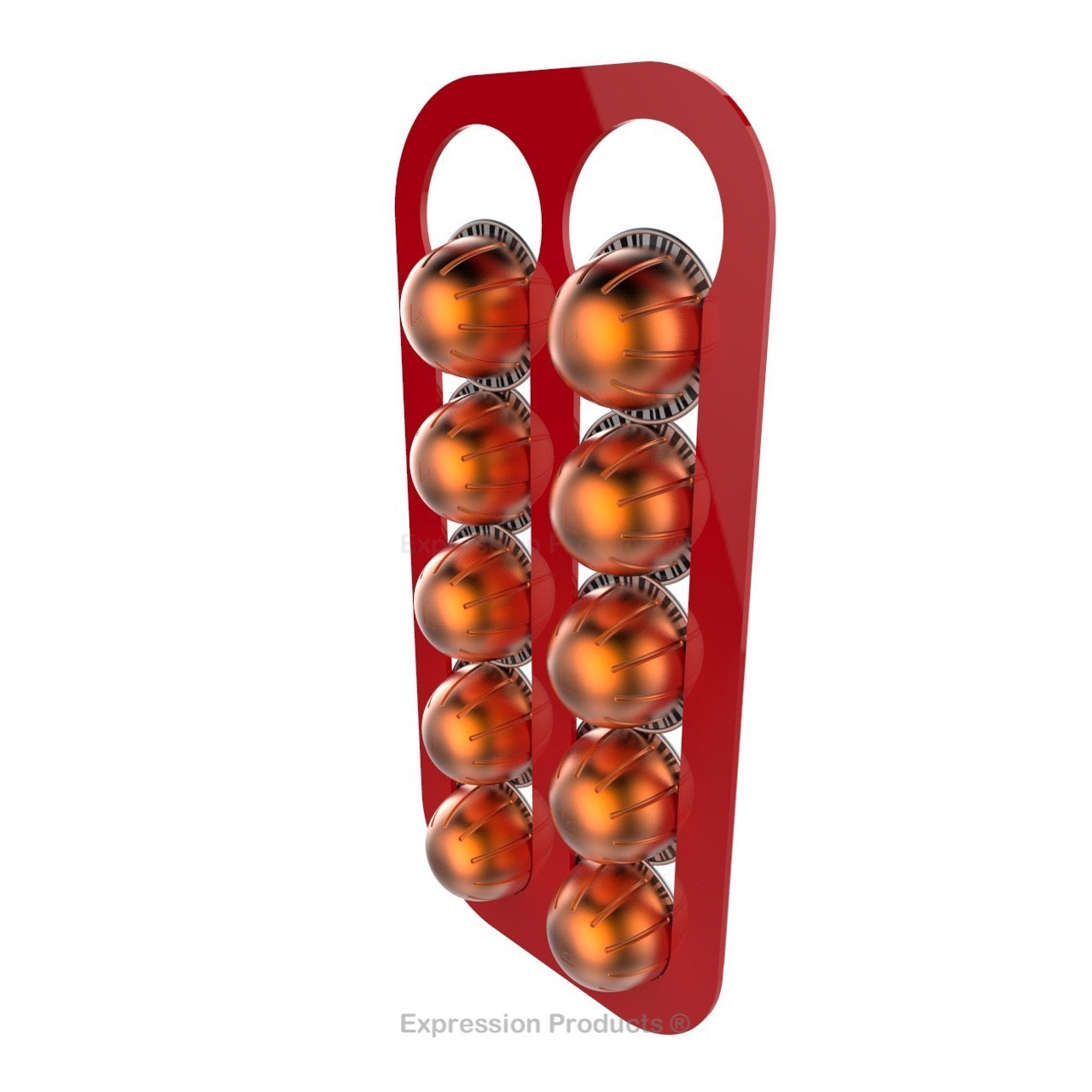 Magnetic Nespresso Vertuo capsule holder shown in red holding 10 pods