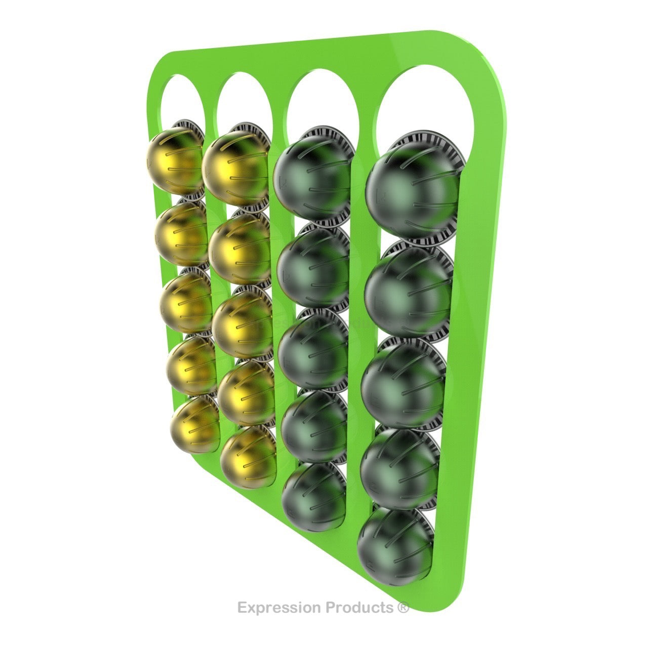 Magnetic Nespresso Vertuo capsule holder shown in lime holding 20 pods