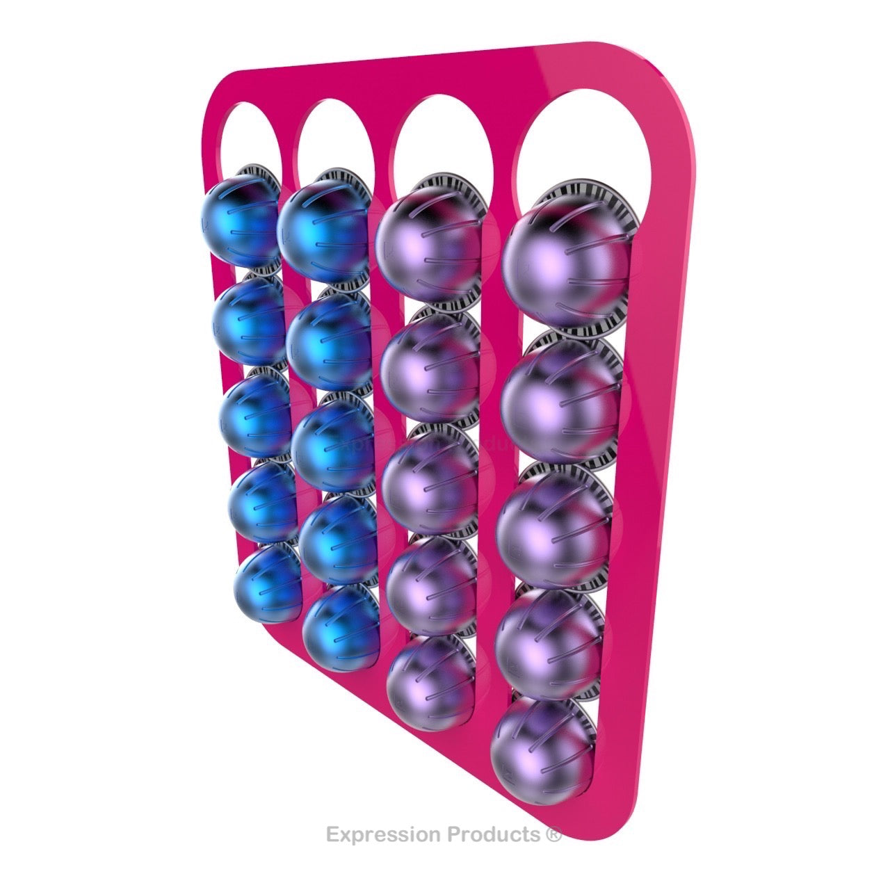 Magnetic Nespresso Vertuo capsule holder shown in pink holding 20 pods