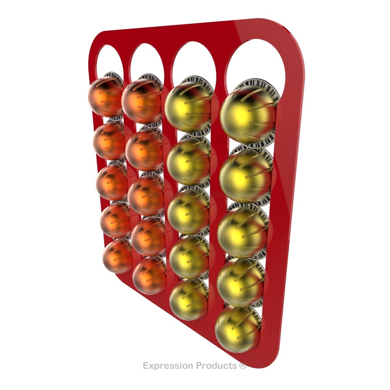 Magnetic Nespresso Vertuo capsule holder shown in red holding 20 pods