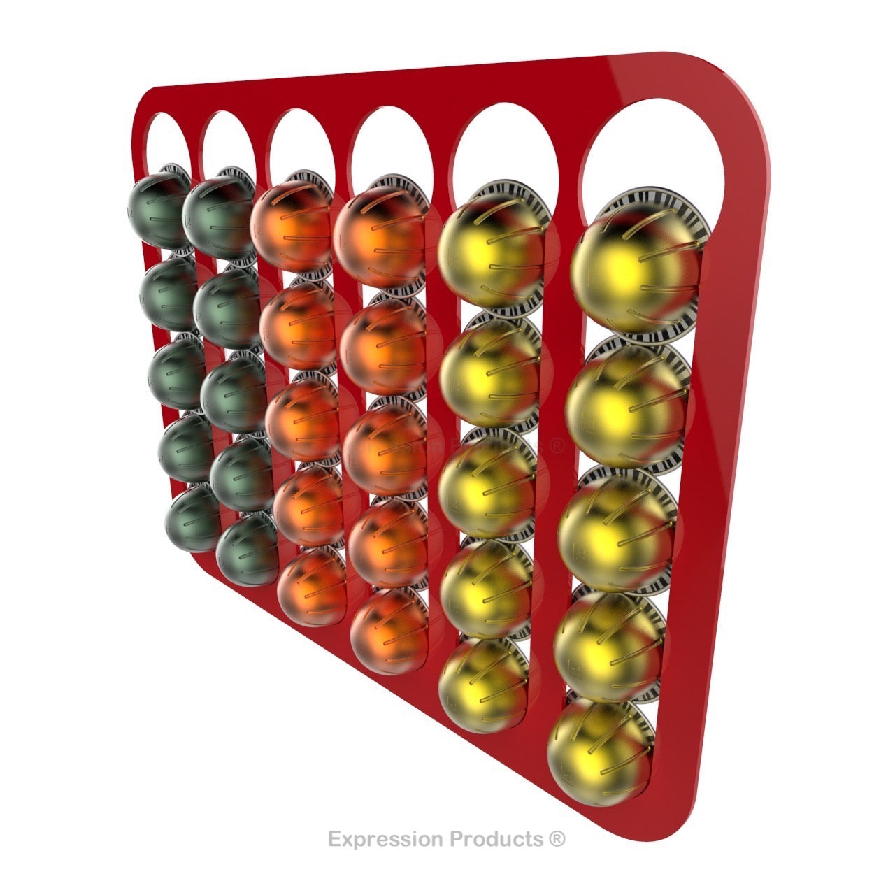 Magnetic Nespresso Vertuo capsule holder shown in red holding 30 pods