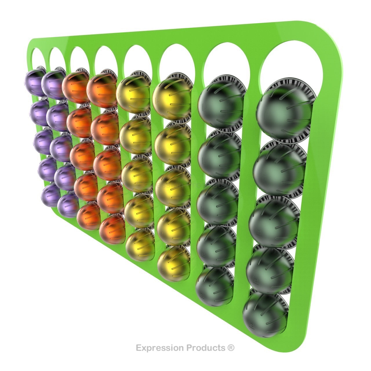 Magnetic Nespresso Vertuo capsule holder shown in lime holding 40 pods