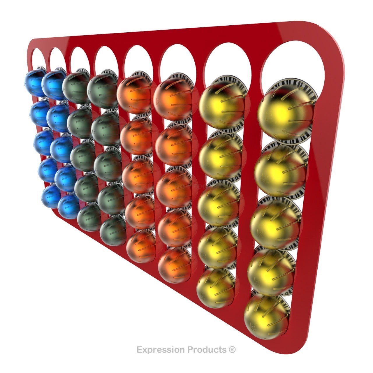 Magnetic Nespresso Vertuo capsule holder shown in red holding 40 pods