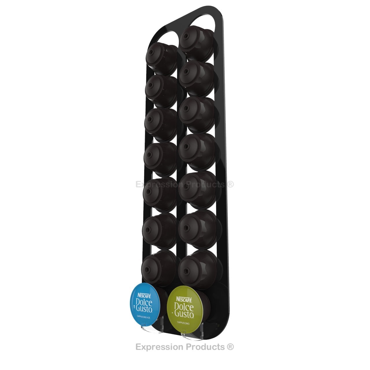 Dolce Gusto Coffee Pod Holder, Wall Mounted.  Shown in Black Holding 16 Pods