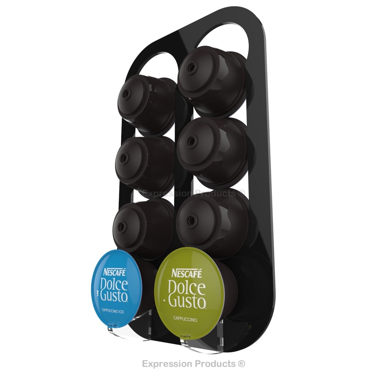 Dolce gusto coffee pod holder, wall mounted, half height.  Shown in black holding 8 pods