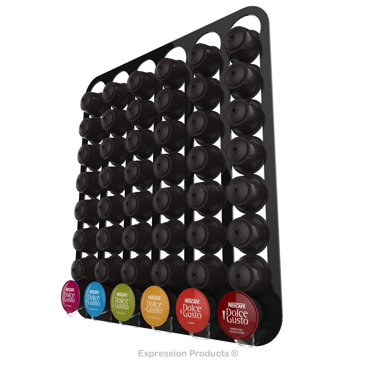 Dolce Gusto Coffee Pod Holder, Wall Mounted.  Shown in Black Holding 48 Pods