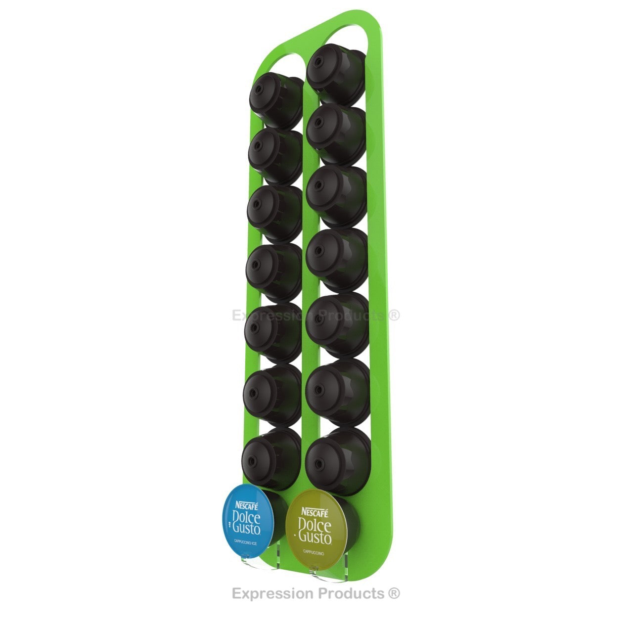 Dolce Gusto Coffee Pod Holder, Wall Mounted.  Shown in Lime Holding 16 Pods