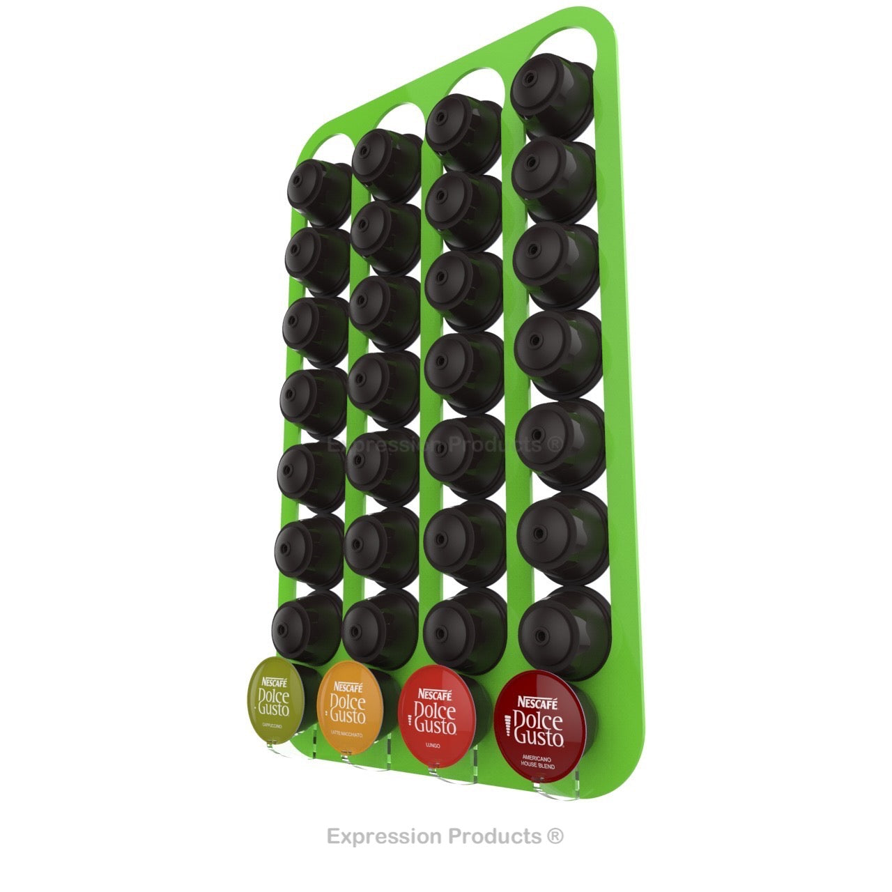 Dolce Gusto Coffee Pod Holder, Wall Mounted.  Shown in Lime Holding 32 Pods
