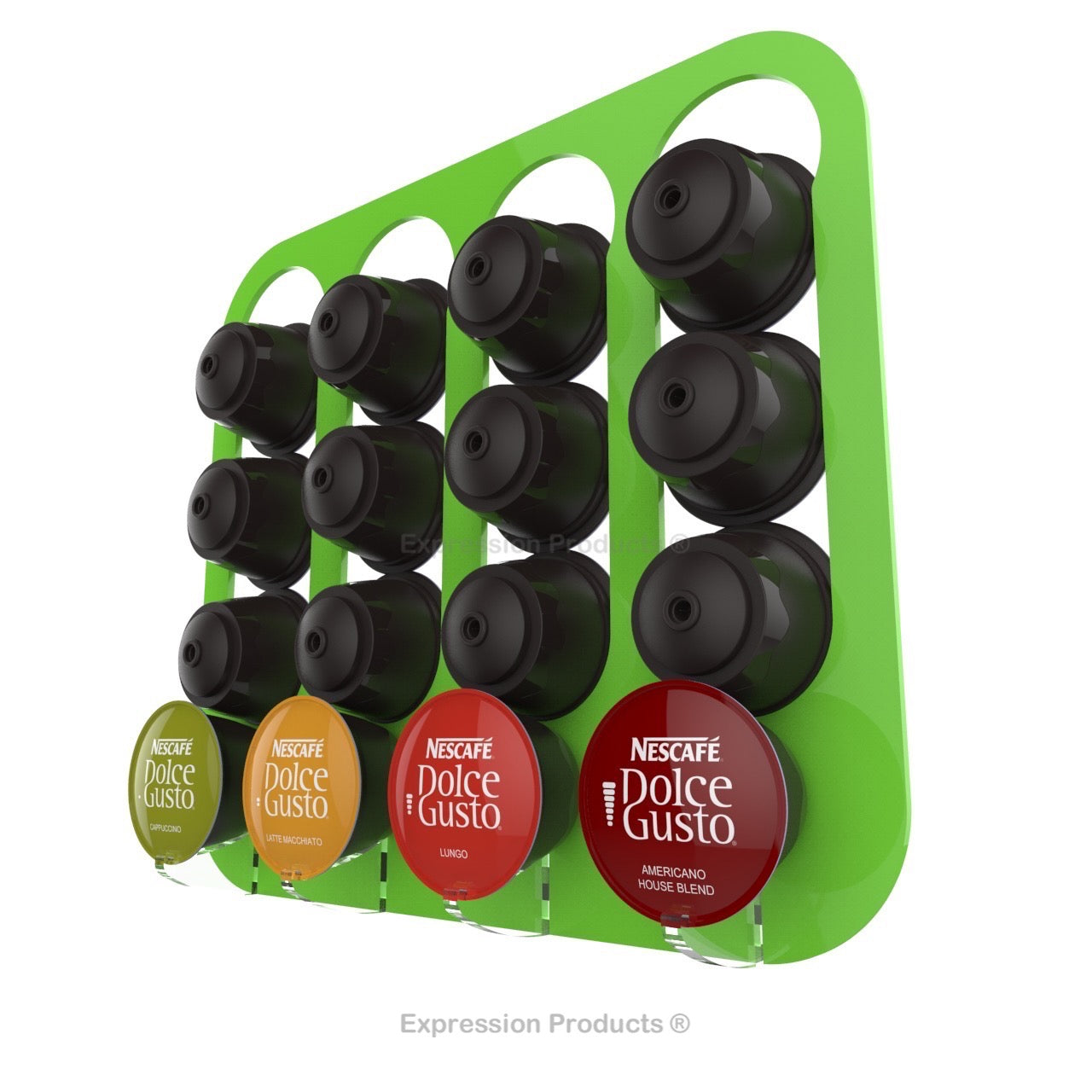 Dolce gusto coffee pod holder, wall mounted, half height.  Shown in lime holding 16 pods