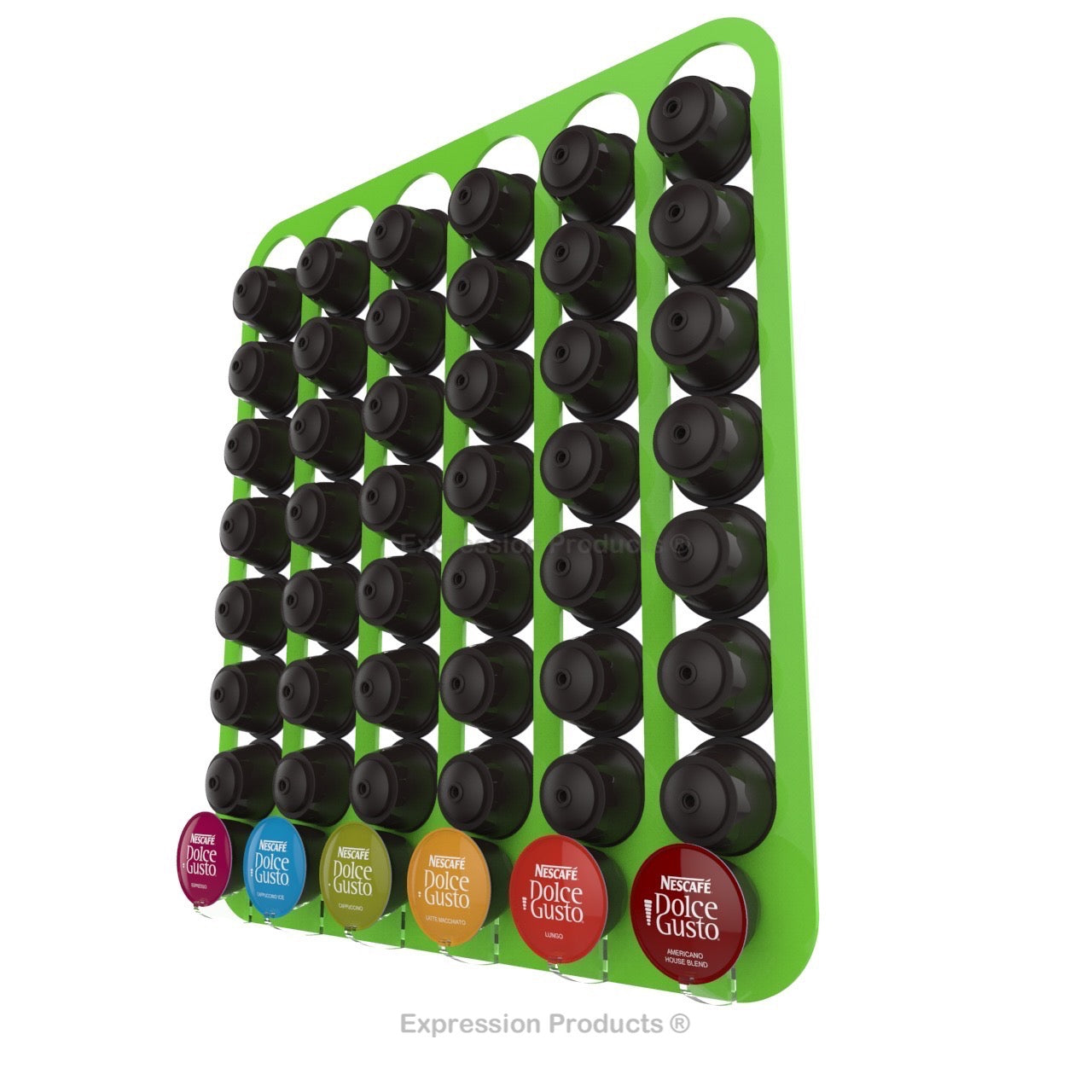 Dolce Gusto Coffee Pod Holder, Wall Mounted.  Shown in Lime Holding 48 Pods