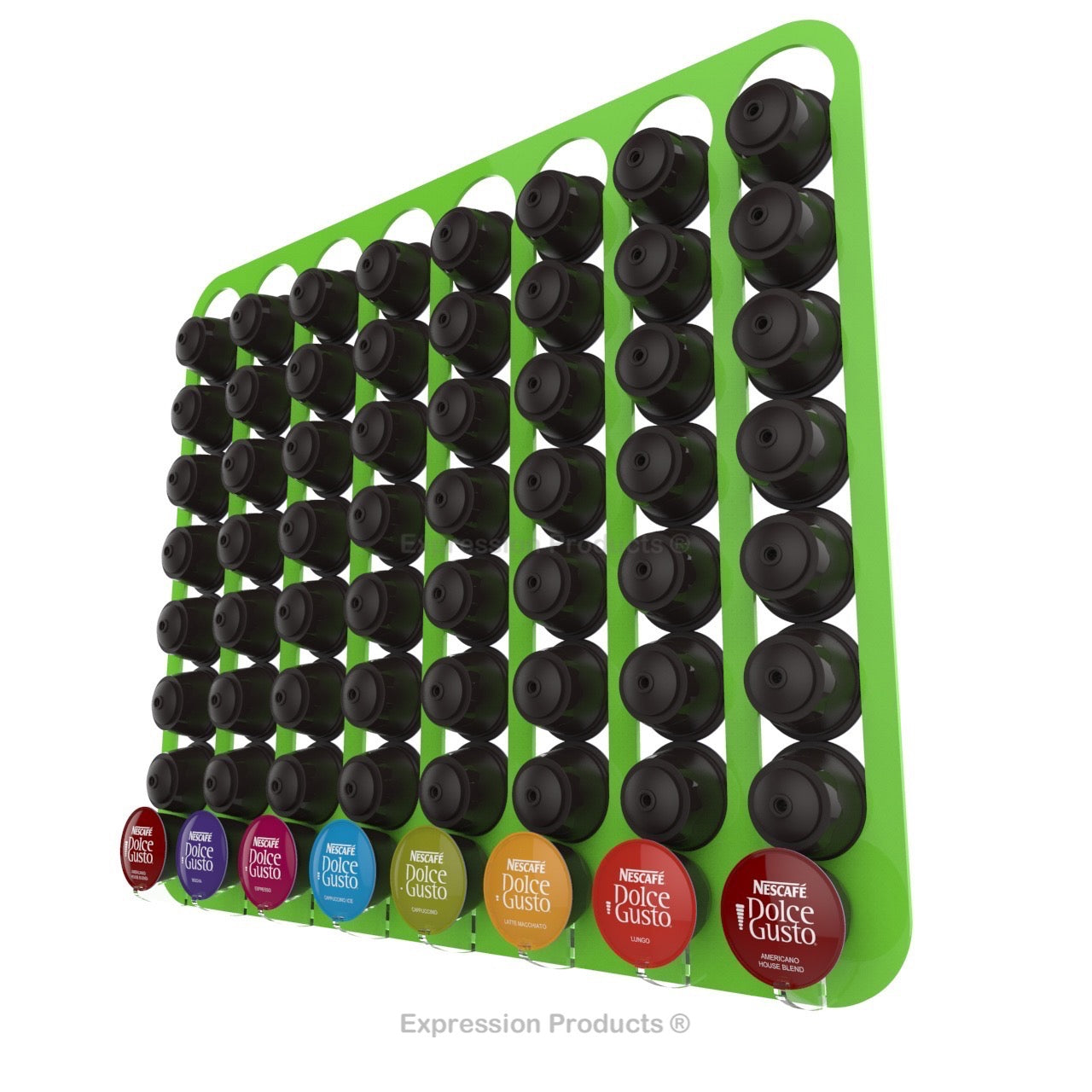 Dolce Gusto Coffee Pod Holder, Wall Mounted.  Shown in Lime Holding 64 Pods
