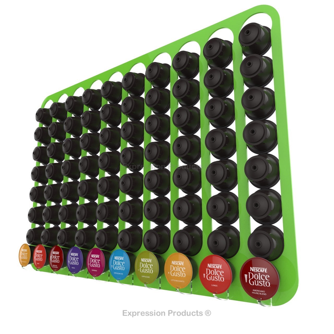 Dolce Gusto Coffee Pod Holder, Wall Mounted.  Shown in Lime Holding 80 Pods