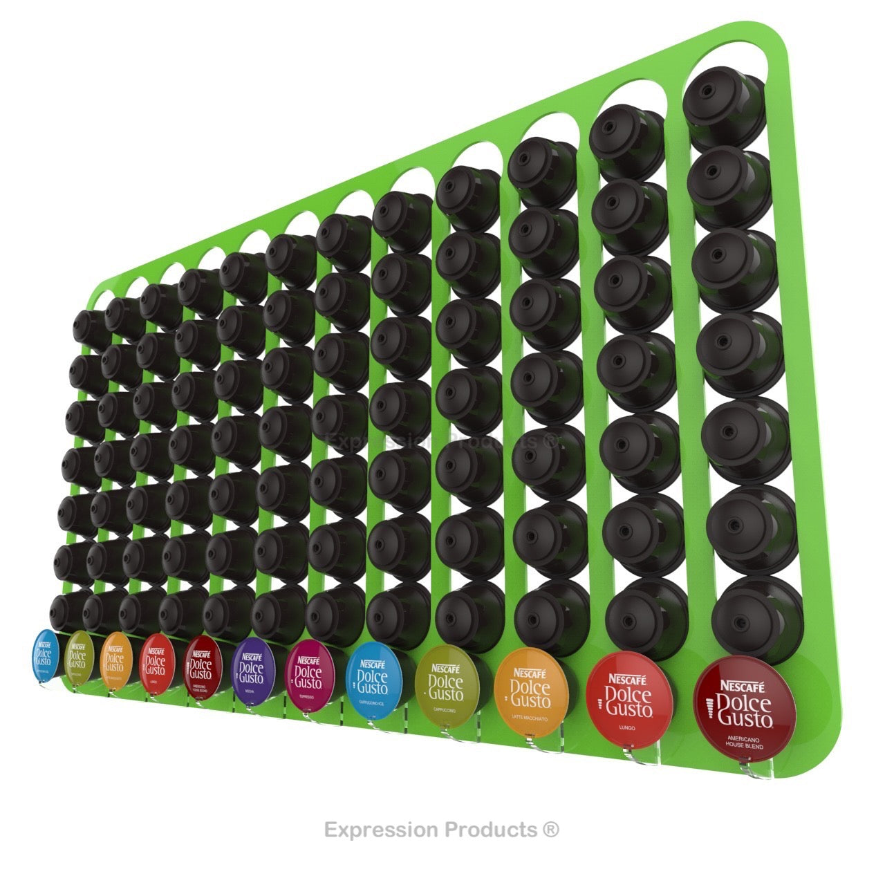 Dolce Gusto Coffee Pod Holder, Wall Mounted.  Shown in Lime Holding 96 Pods