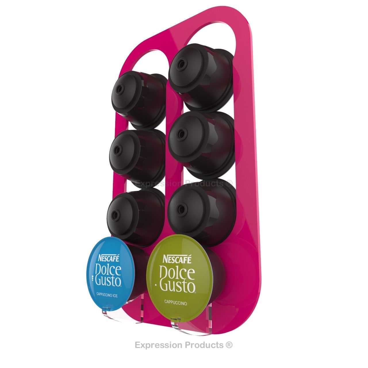 Dolce gusto coffee pod holder, wall mounted, half height.  Shown in pink holding 8 pods