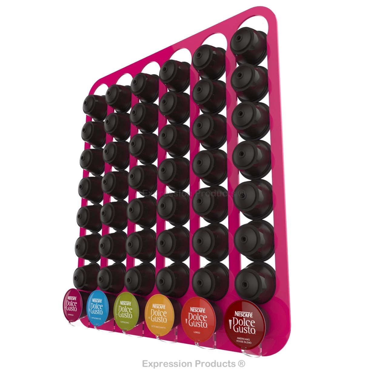Dolce Gusto Coffee Pod Holder, Wall Mounted.  Shown in Pink Holding 48 Pods