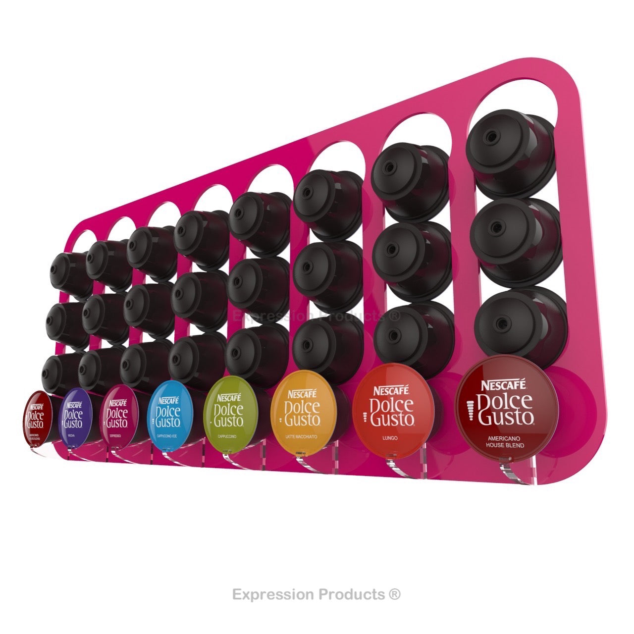 Dolce gusto coffee pod holder, wall mounted, half height.  Shown in pink holding 32 pods