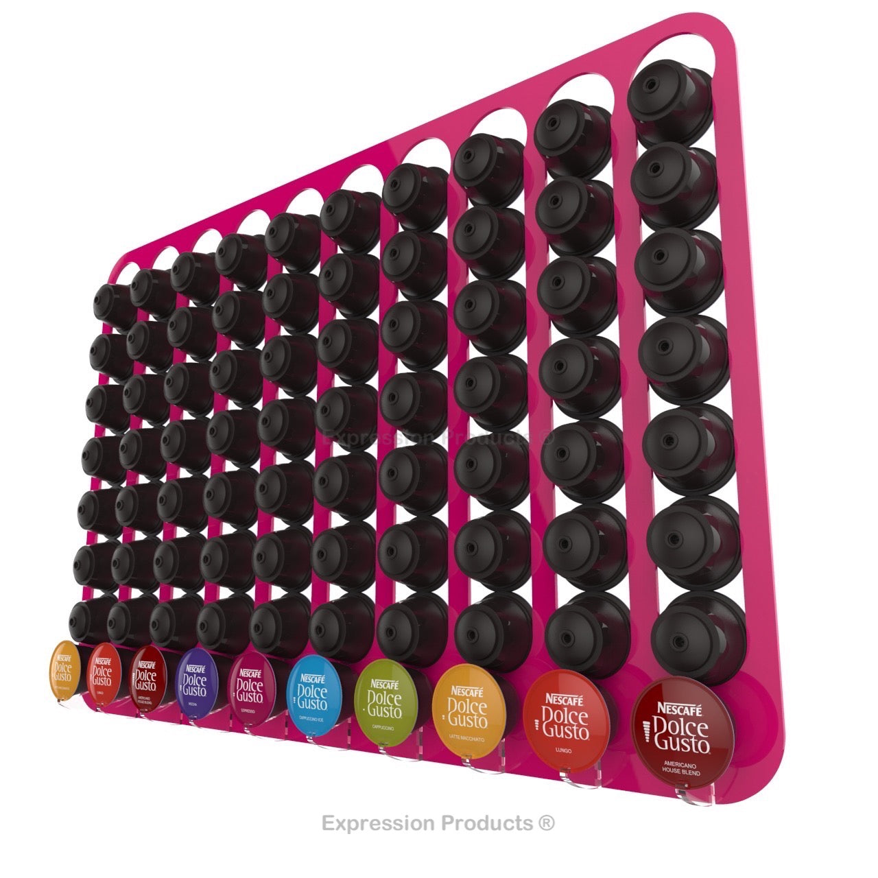 Dolce Gusto Coffee Pod Holder, Wall Mounted.  Shown in Pink Holding 80 Pods