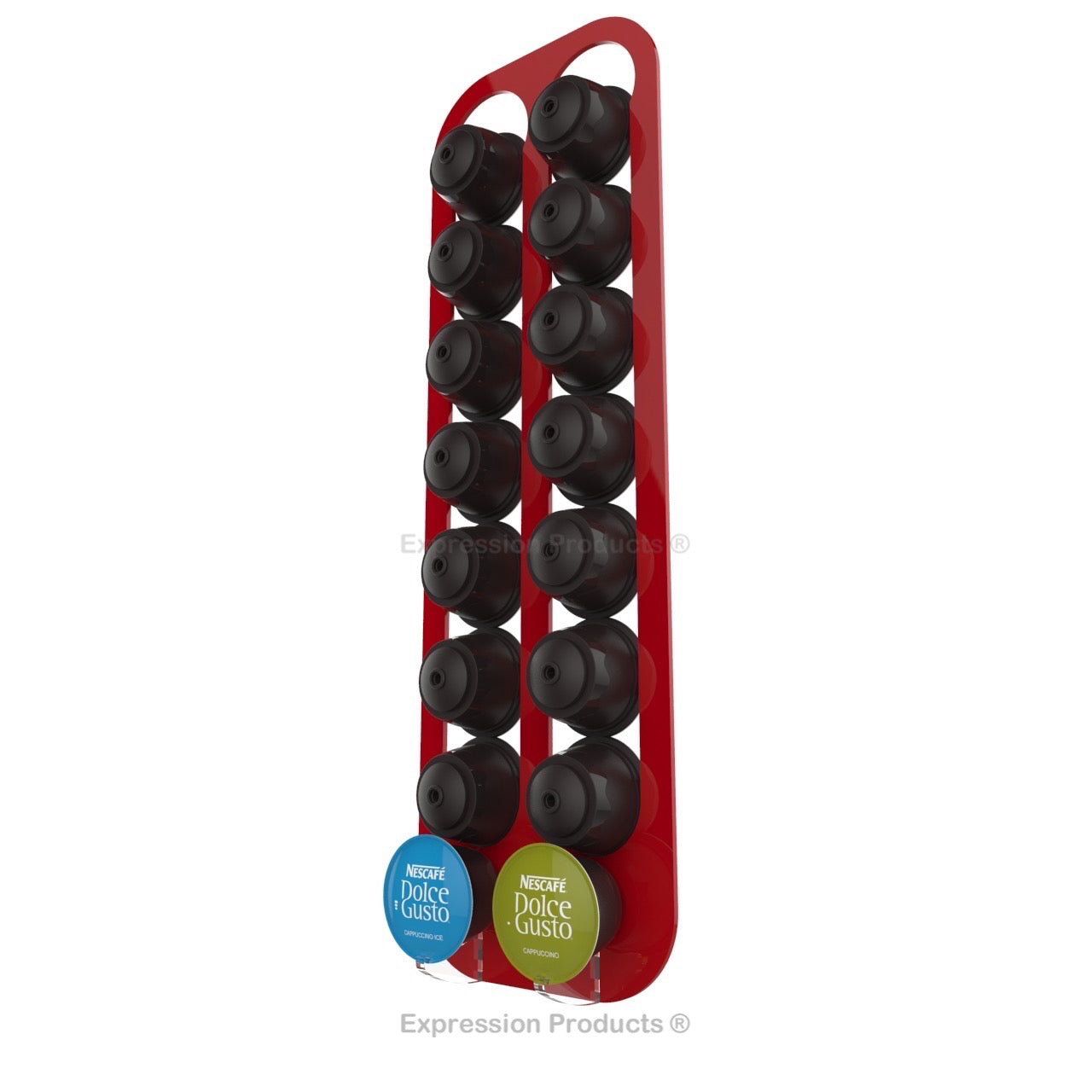 Dolce Gusto Coffee Pod Holder, Wall Mounted.  Shown in Red Holding 16 Pods