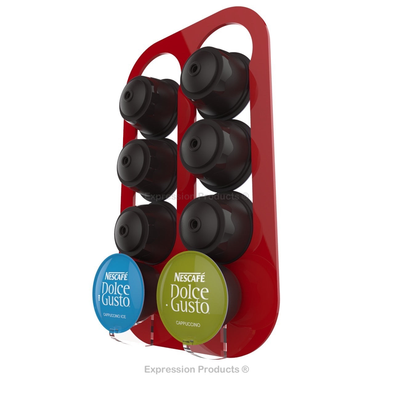 Dolce gusto coffee pod holder, wall mounted, half height.  Shown in red holding 8 pods