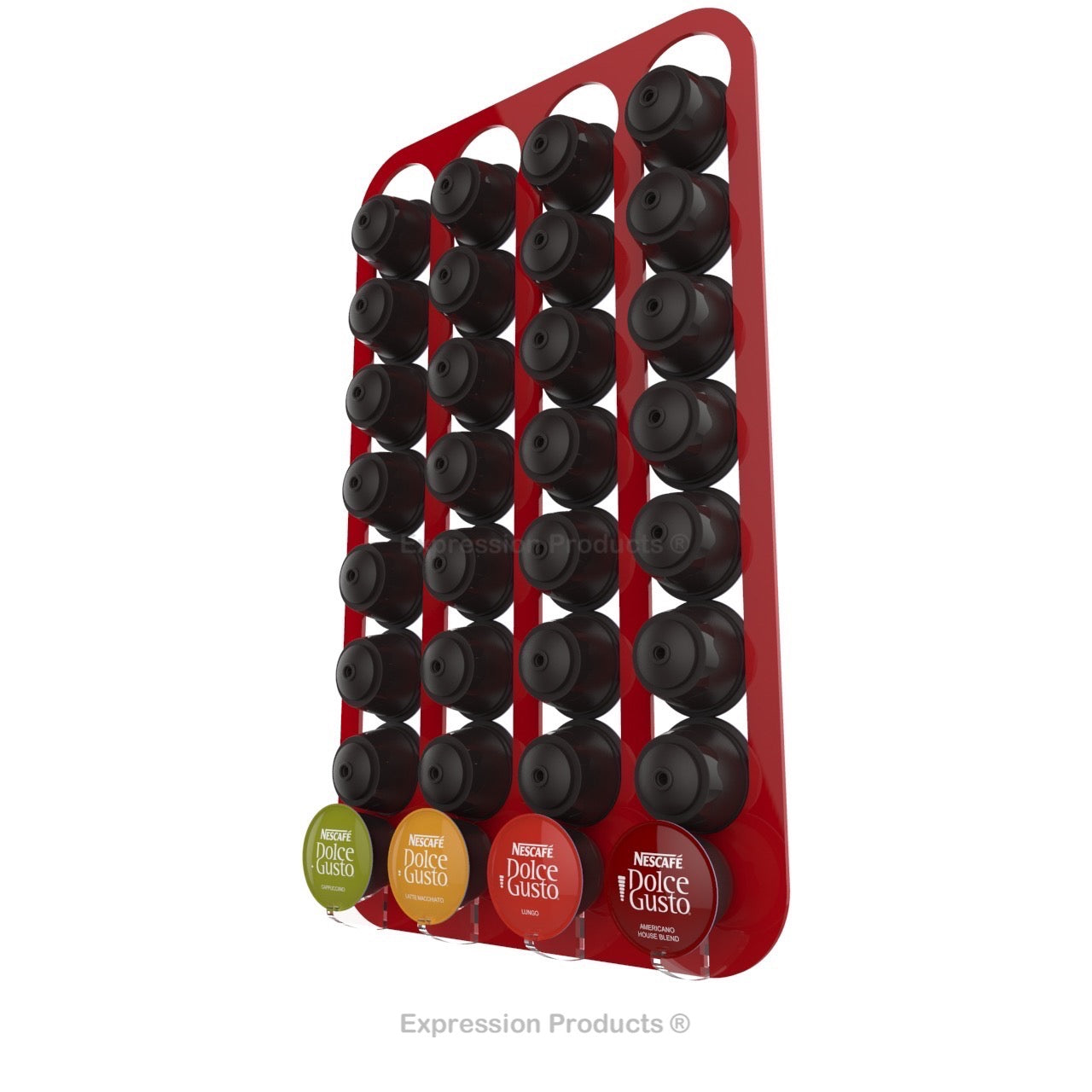 Dolce Gusto Coffee Pod Holder, Wall Mounted.  Shown in Red Holding 32 Pods