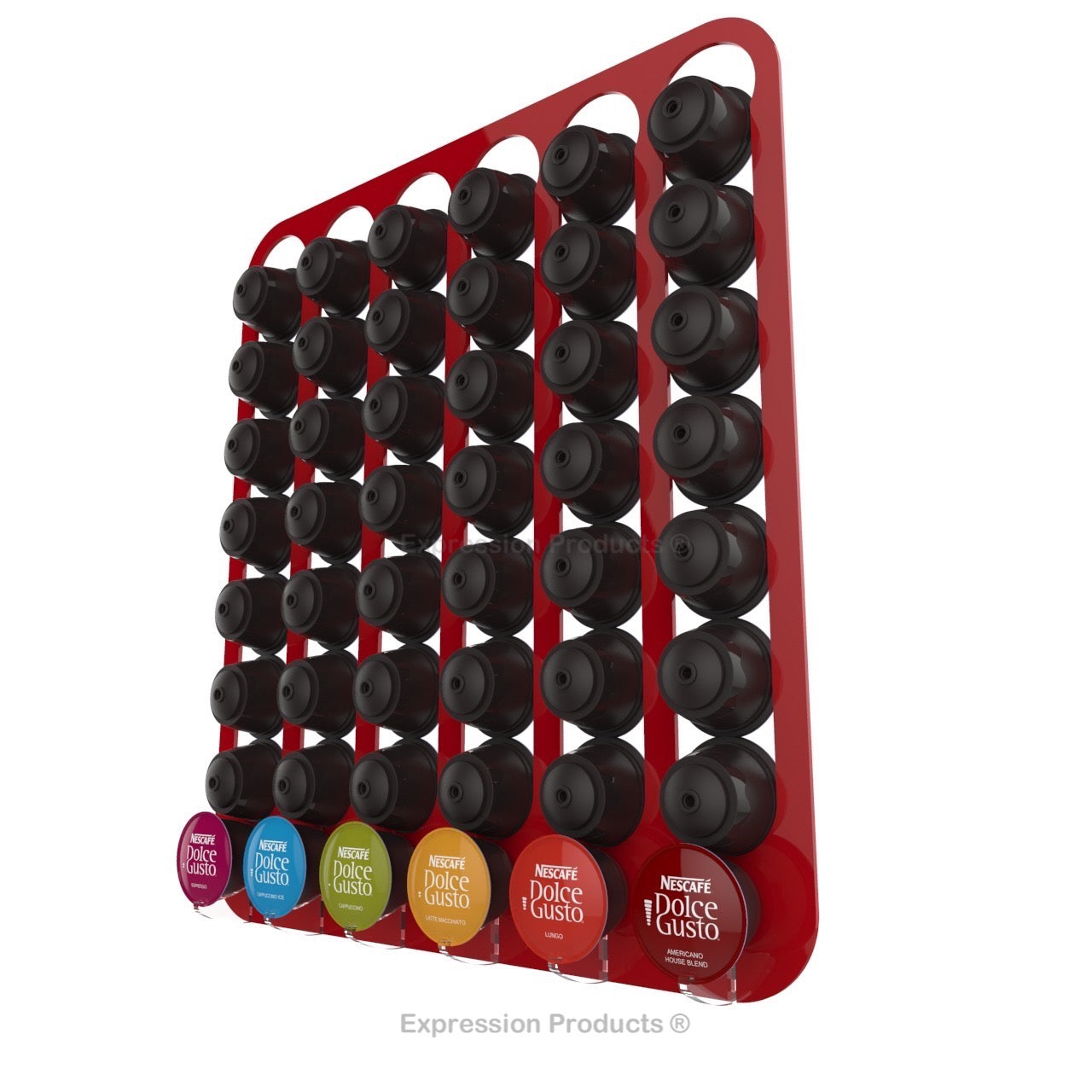 Dolce Gusto Coffee Pod Holder, Wall Mounted.  Shown in Red Holding 48 Pods