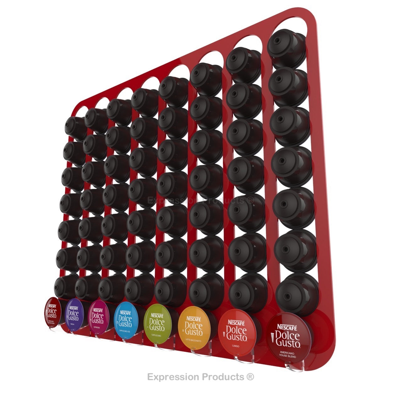 Dolce Gusto Coffee Pod Holder, Wall Mounted.  Shown in Red Holding 64 Pods