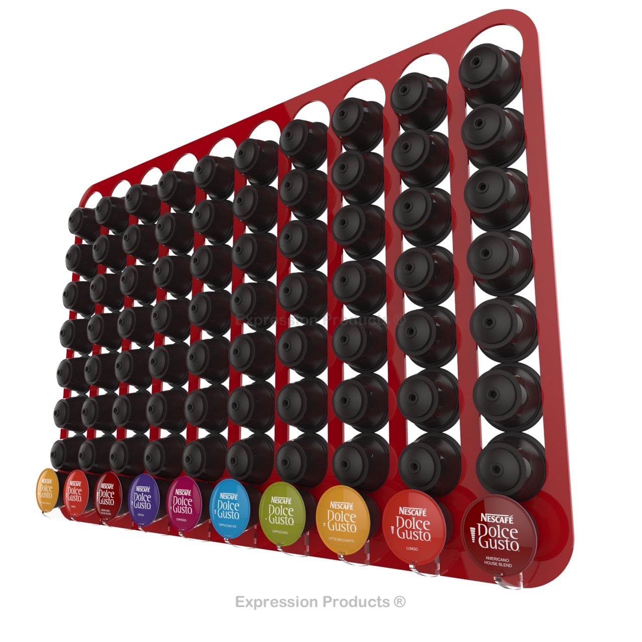Dolce Gusto Coffee Pod Holder, Wall Mounted.  Shown in Red Holding 80 Pods