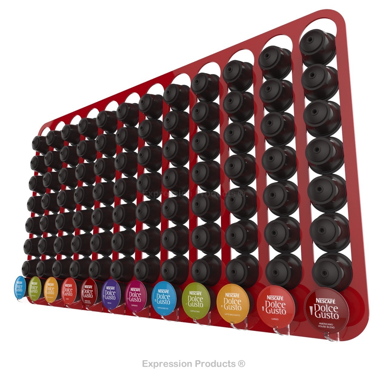 Dolce Gusto Coffee Pod Holder, Wall Mounted.  Shown in Red Holding 96 Pods