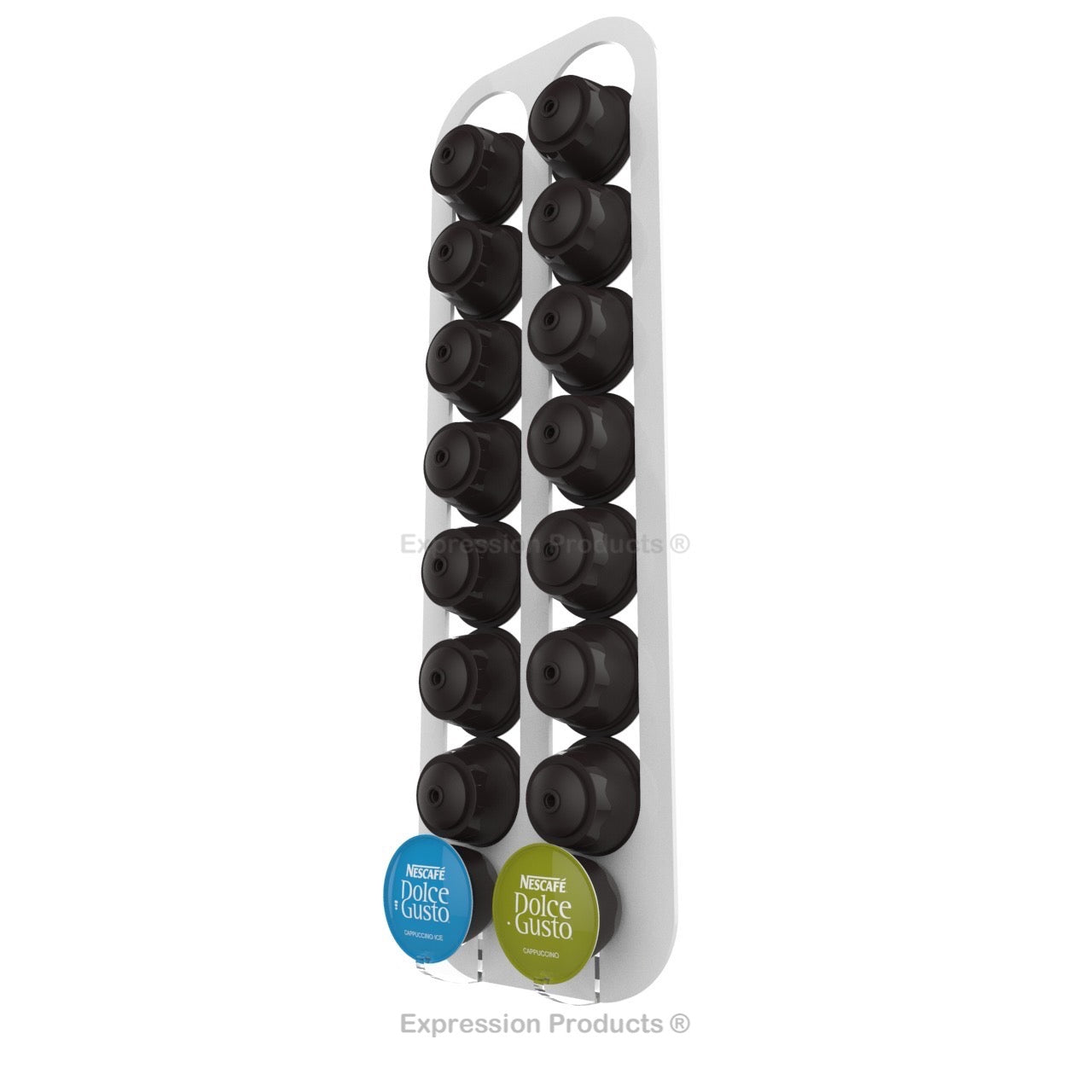 Dolce Gusto Coffee Pod Holder, Wall Mounted.  Shown in White Holding 16 Pods
