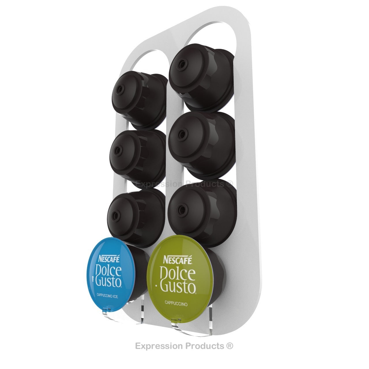 Dolce gusto coffee pod holder, wall mounted, half height.  Shown in white holding 8 pods