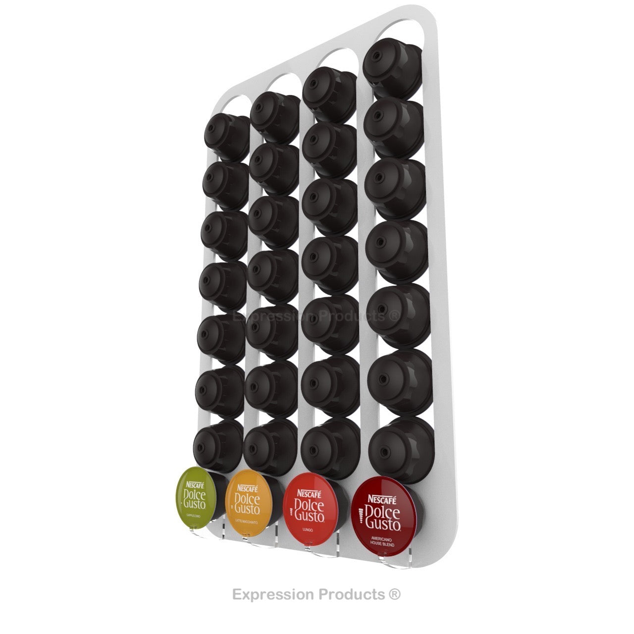 Dolce Gusto Coffee Pod Holder, Wall Mounted.  Shown in White Holding 32 Pods
