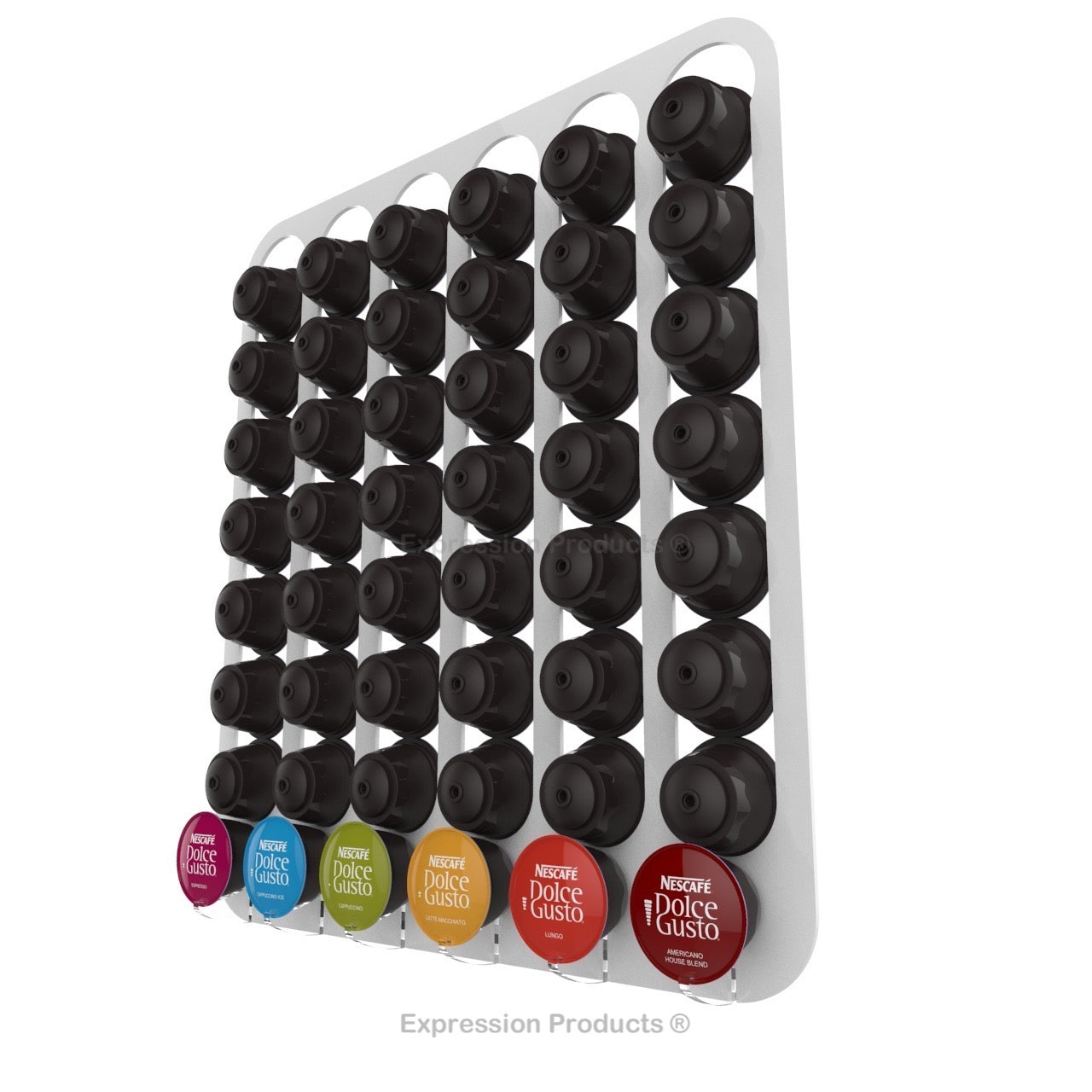 Dolce Gusto Coffee Pod Holder, Wall Mounted.  Shown in White Holding 48 Pods